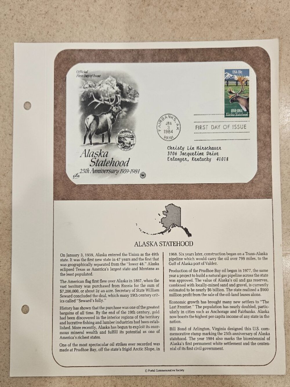 RARE COLLECTIBLE USPS 1ST DAY ISSUE COVER ALASKA STATEHOOD STAMP ENVELOPE FDC